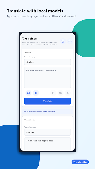 Translate Lite text translation screen, translating English into Spanish