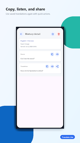 Translate Lite history detail with copy, listen, and share actions