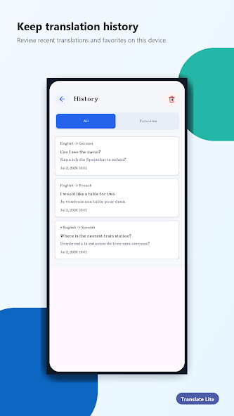 Translate Lite translation history and favorites interface